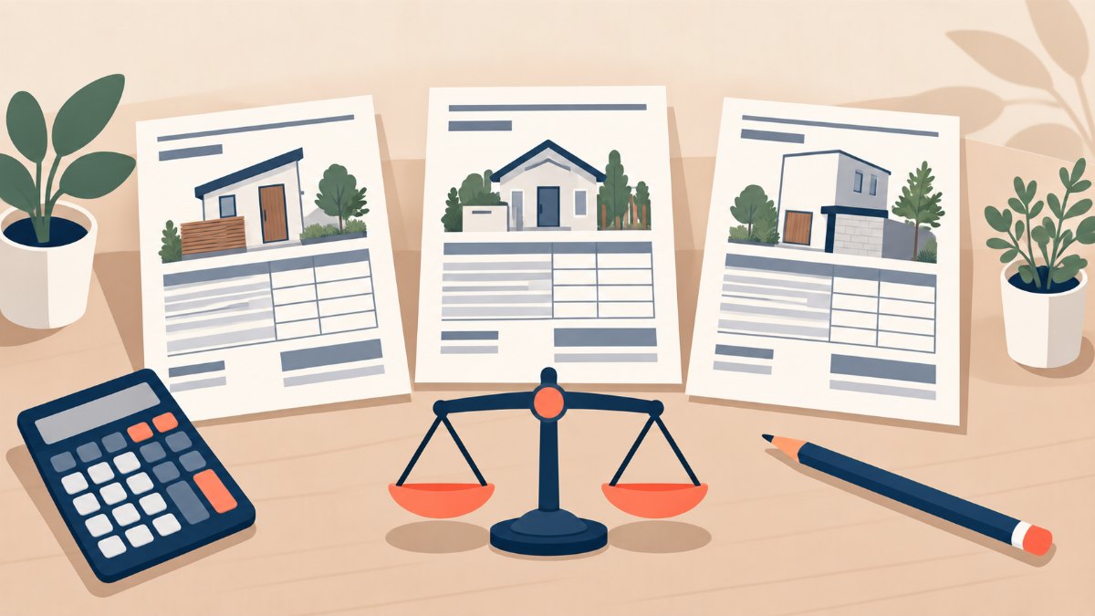 外構の相見積もりを複数社で比べるイメージ。3枚の見積書と天秤