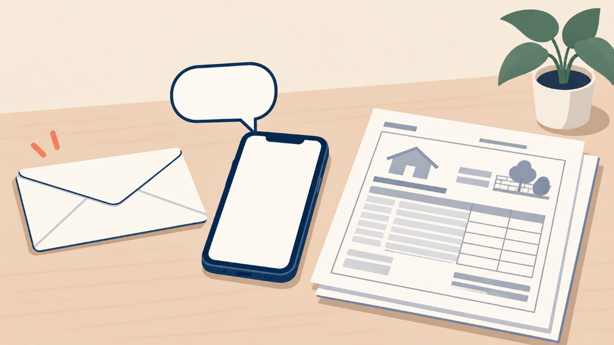 外構の相見積もりを断る連絡のイメージ。封筒とスマートフォン、見積書